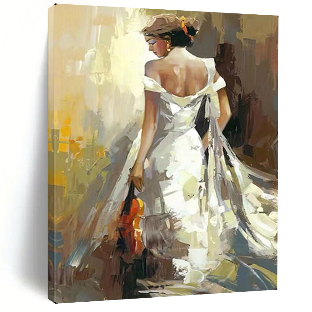 “Woman in White Gown with Violin” - Expressive Oil Painting On Canvas PT2175