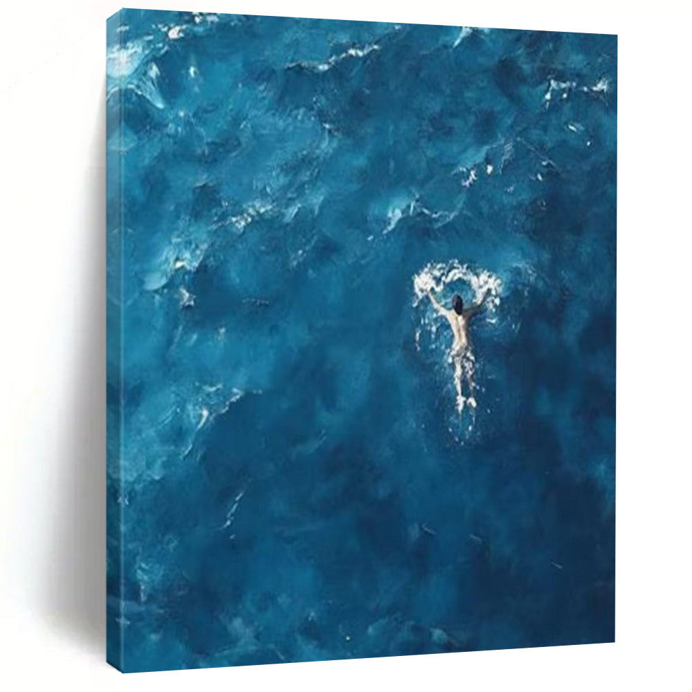 Aerial View of Swimmer in Deep Blue Water "Solitude at Sea" Photorealistic Painting On Canvas PS1065