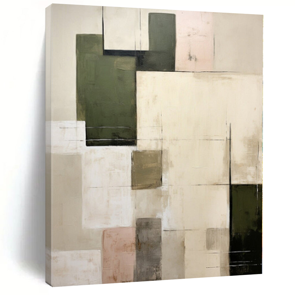 “Neutral & Green Squares” - Beige, Green Abstract Minimalist Painting On Canvas PS0395