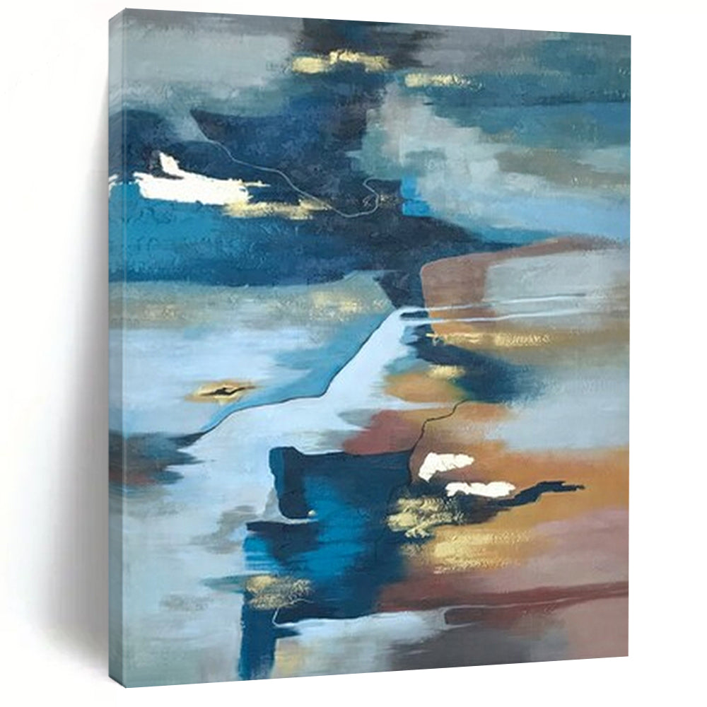 Blue, Gold, and Brown Fluid, "Ethereal Estuary" – Abstract Landscape Painting On Canvas PS1006