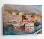 “Colorful Coastal Town with Boats” Impressionist Townscape Painting On Canvas PT1800