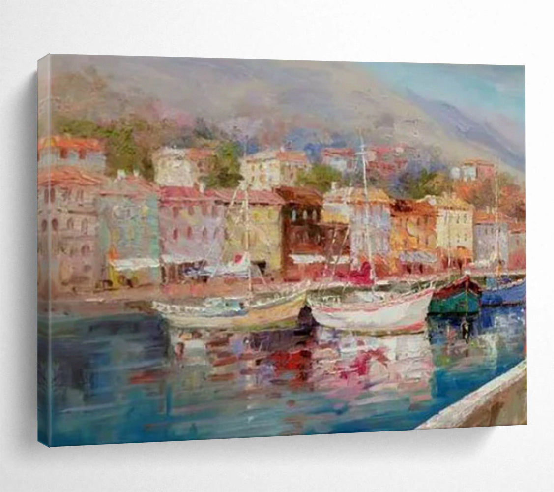 “Colorful Coastal Town with Boats” Impressionist Townscape Painting On Canvas PT1800
