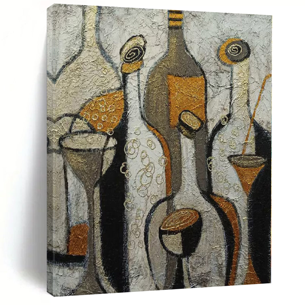 Beige, Gold, Black with Stylized Bottles "Vintage Soiree" Abstract Still - Life Painting On Canvas PS1193