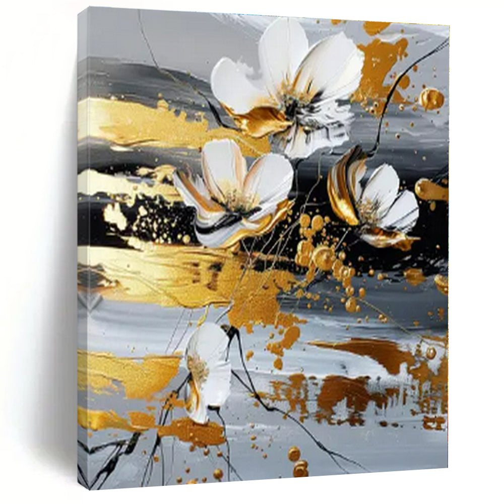 White, Gold, Gray with Floating Flowers "Airy Blooms" Floral Painting On Canvas PS1255
