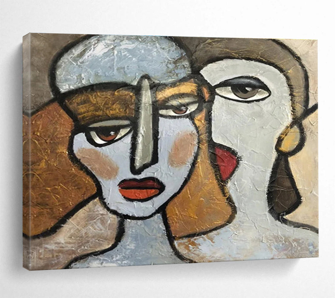 “Cubist - Style Dual Faces” - Abstract Portrait, Cubist - Inspired Figure Painting On Canvas DKS719