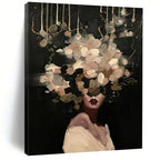 “Black, Beige, and White Floral Head” - Mysterious Figurative Painting On Canvas DS326
