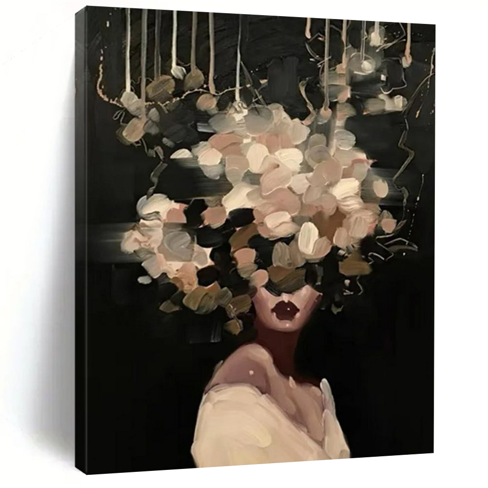 “Black, Beige, and White Floral Head” - Mysterious Figurative Painting On Canvas DS326