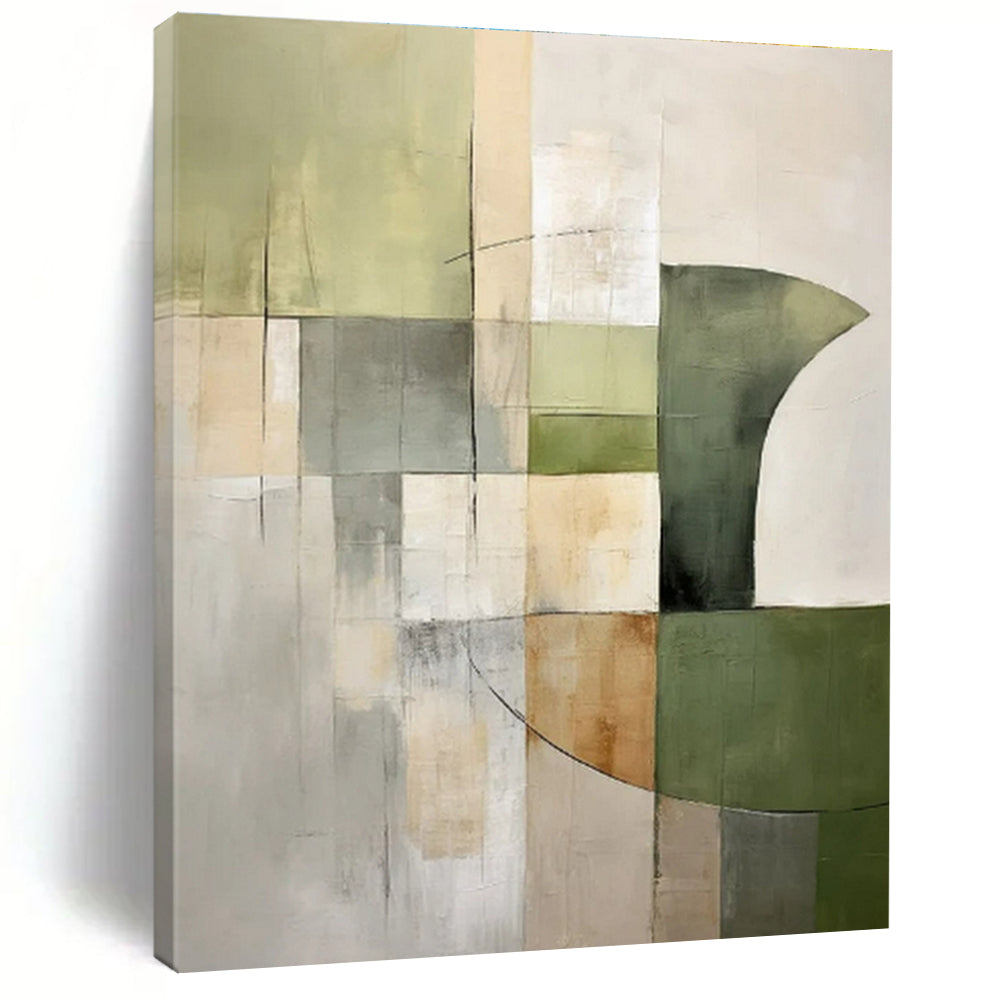 Green, Beige, Gray with Geometric Mix "Balanced Nature" Abstract Painting On Canvas PS1458