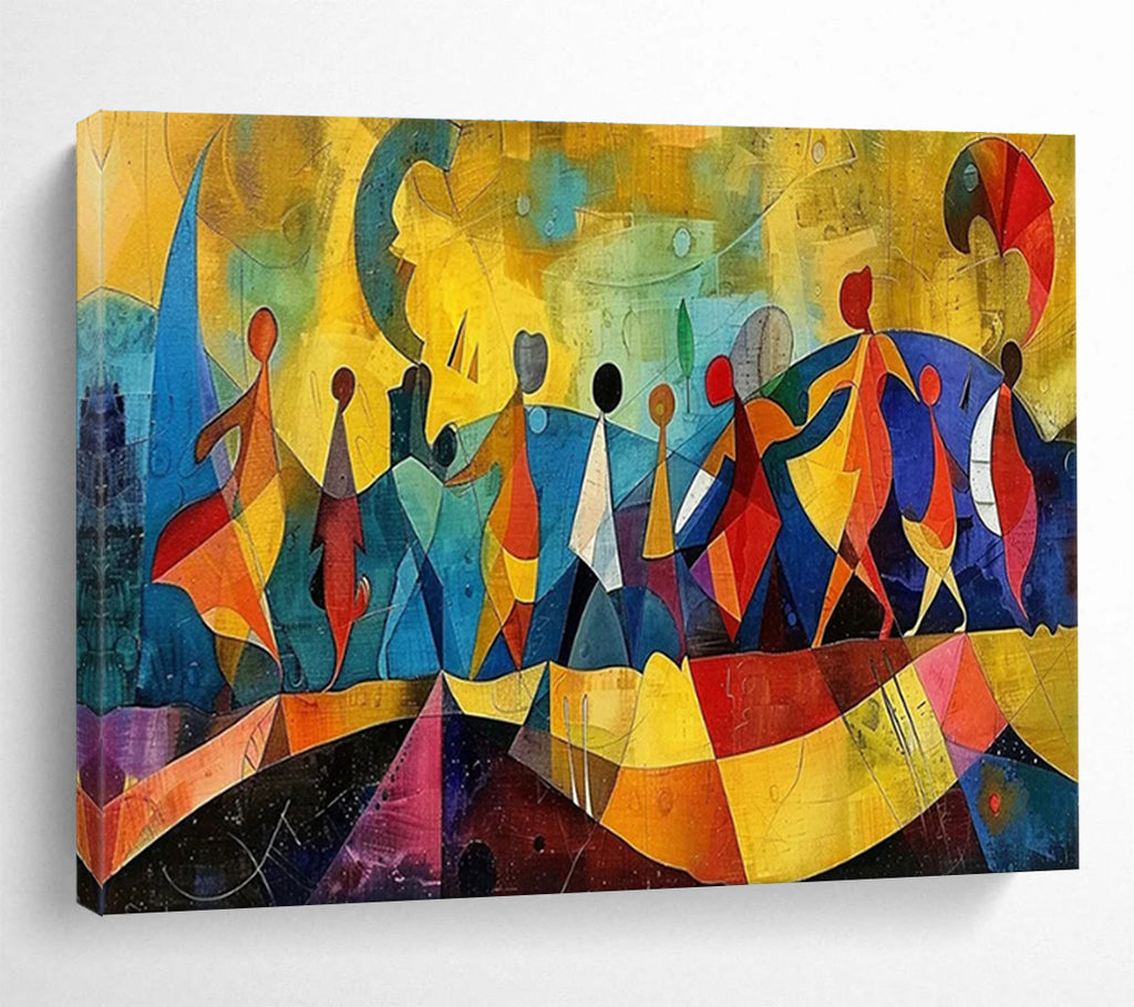 “Colorful Abstract Figures” - Yellow, Blue & Red Figurative, Cubist - Style Painting On Canvas DKS768
