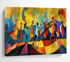 “Colorful Abstract Figures” - Yellow, Blue & Red Figurative, Cubist - Style Painting On Canvas DKS768