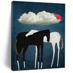 “Black & White Horses Under Red Moon” - Minimalist - Inspired Animal Painting On Canvas PT1418