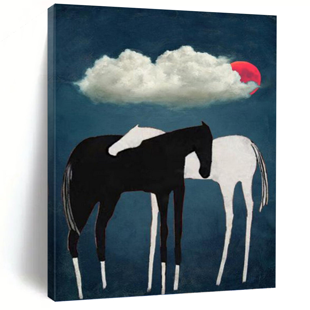“Black & White Horses Under Red Moon” - Minimalist - Inspired Animal Painting On Canvas PT1418