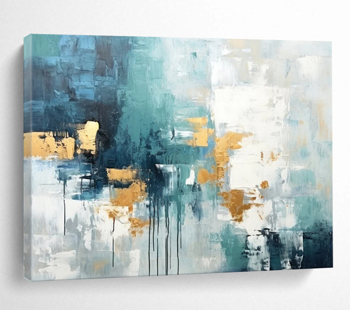 “Teal, Gray, and Gold Abstract Drips” - Modern Abstract Painting On Canvas PT073