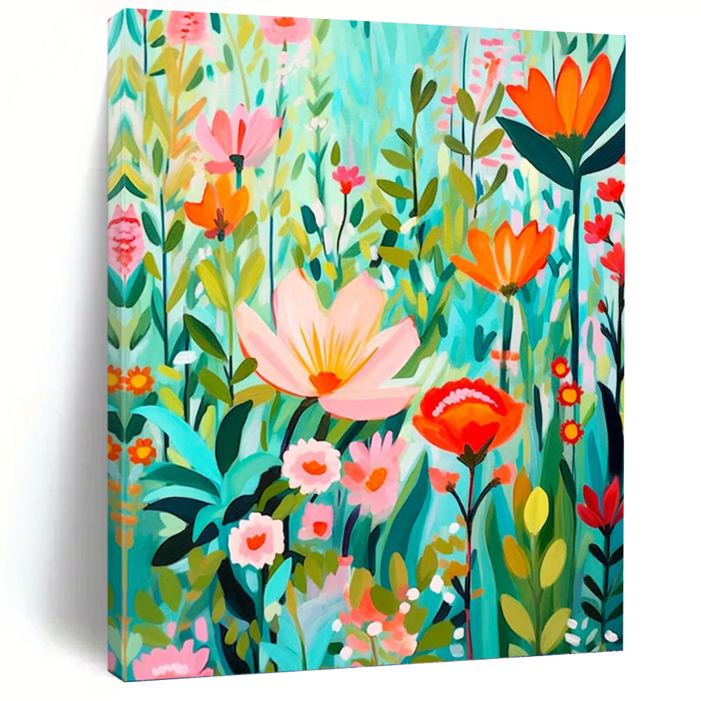 “Colorful Floral Meadow” - Modern, Whimsical - Styled Painting On Canvas PT1595
