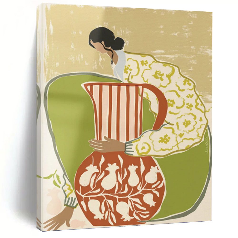 “Colorful Figure with Vessels” - Folk - Inspired Painting On Canvas PT1145