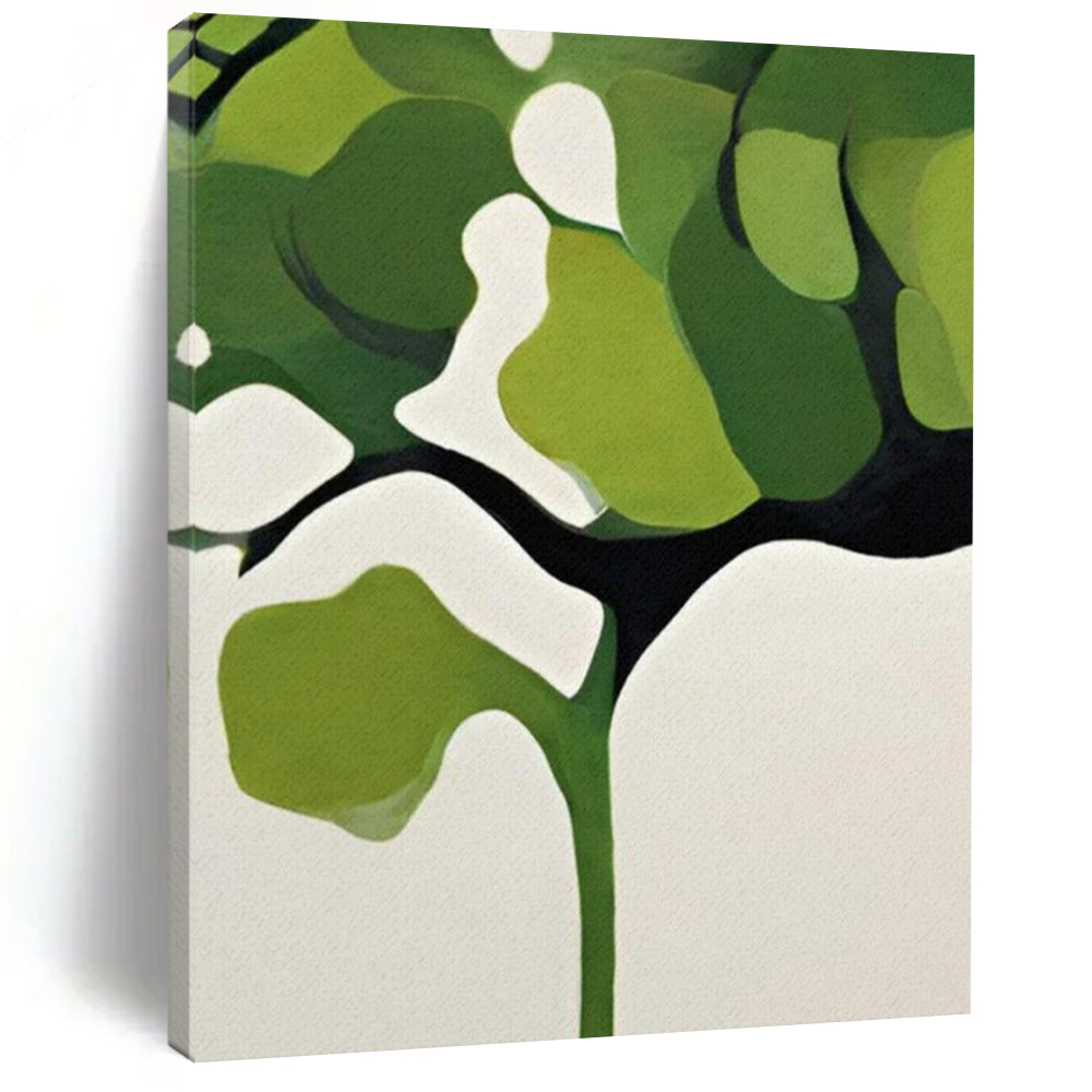“Green and White Minimalist Tree” - Geometric Botanical Painting On Canvas PT2254