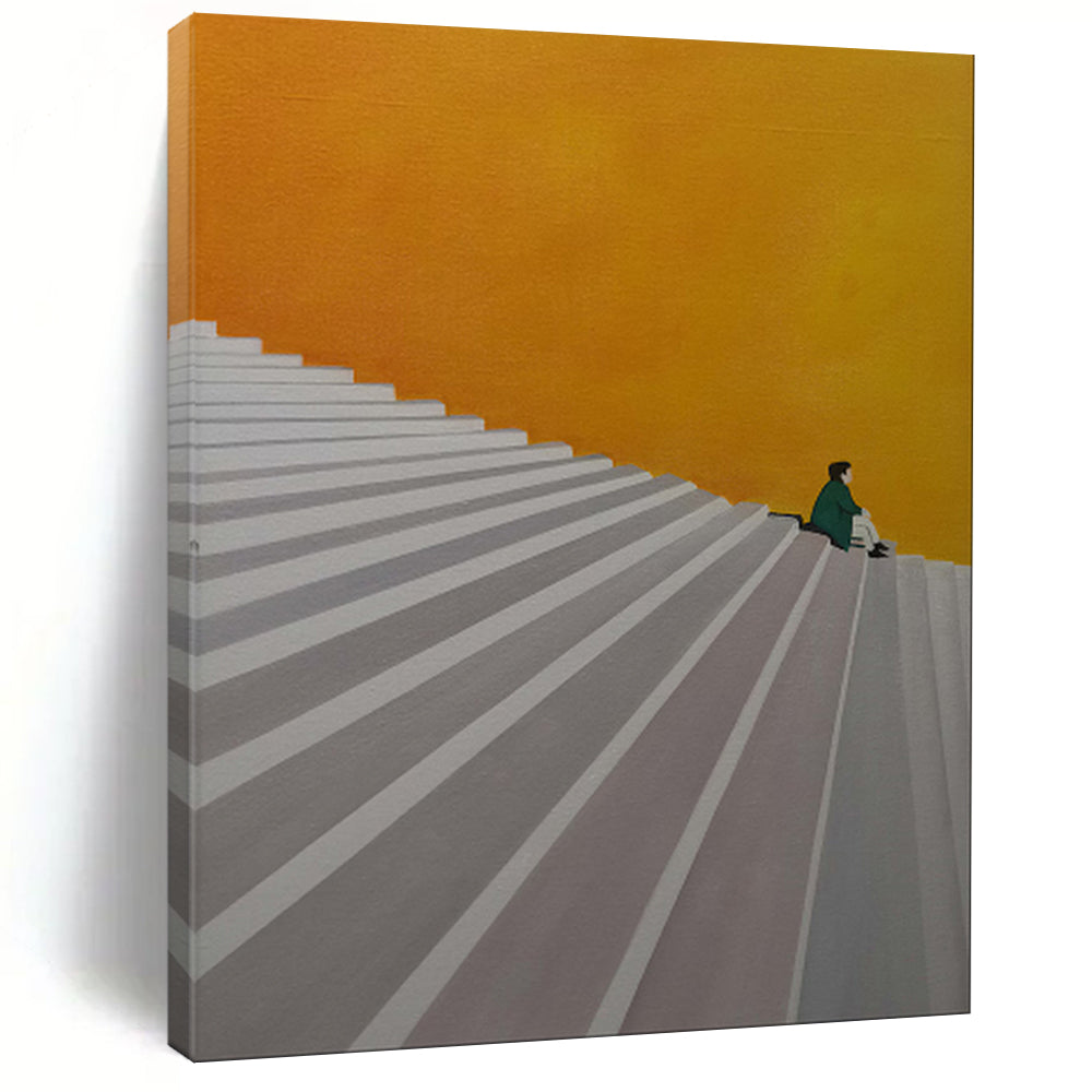 Solitary Stairs, Modernist Contemplation, Oil Painting On Canvas PT2100