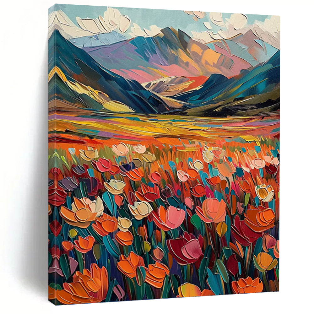 “Colorful Mountain Field” - Landscape, Vibrant - Hued Painting On Canvas PT1597