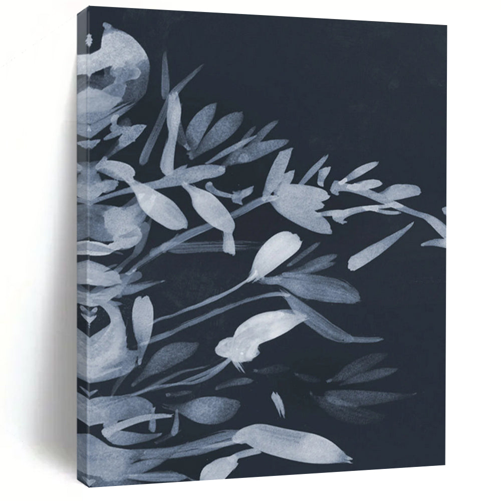 “Dark Blue Floral Silhouettes” - Delicate Plant Forms Painting On Canvas DS239