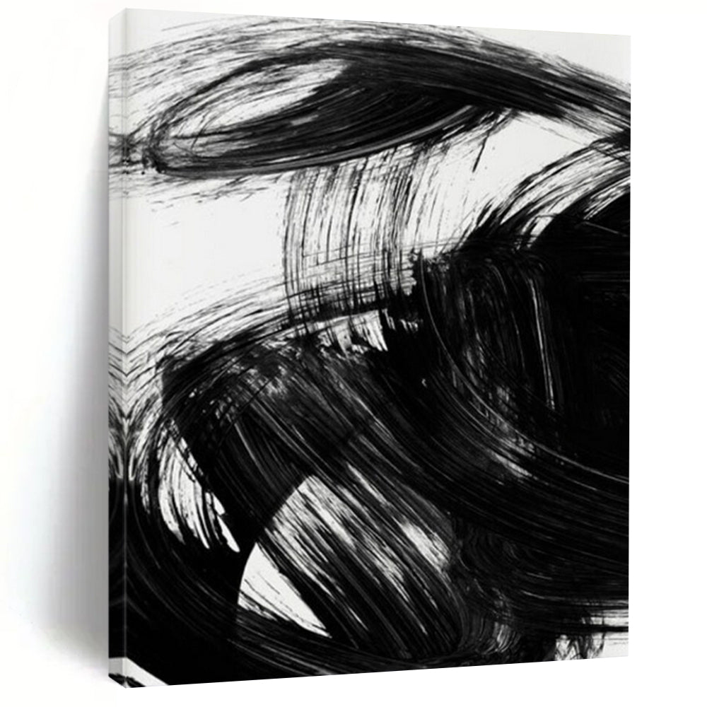 “Dynamic Black Brushstrokes” - Bold, Swirling Forms on White Background Painting On Canvas DS195