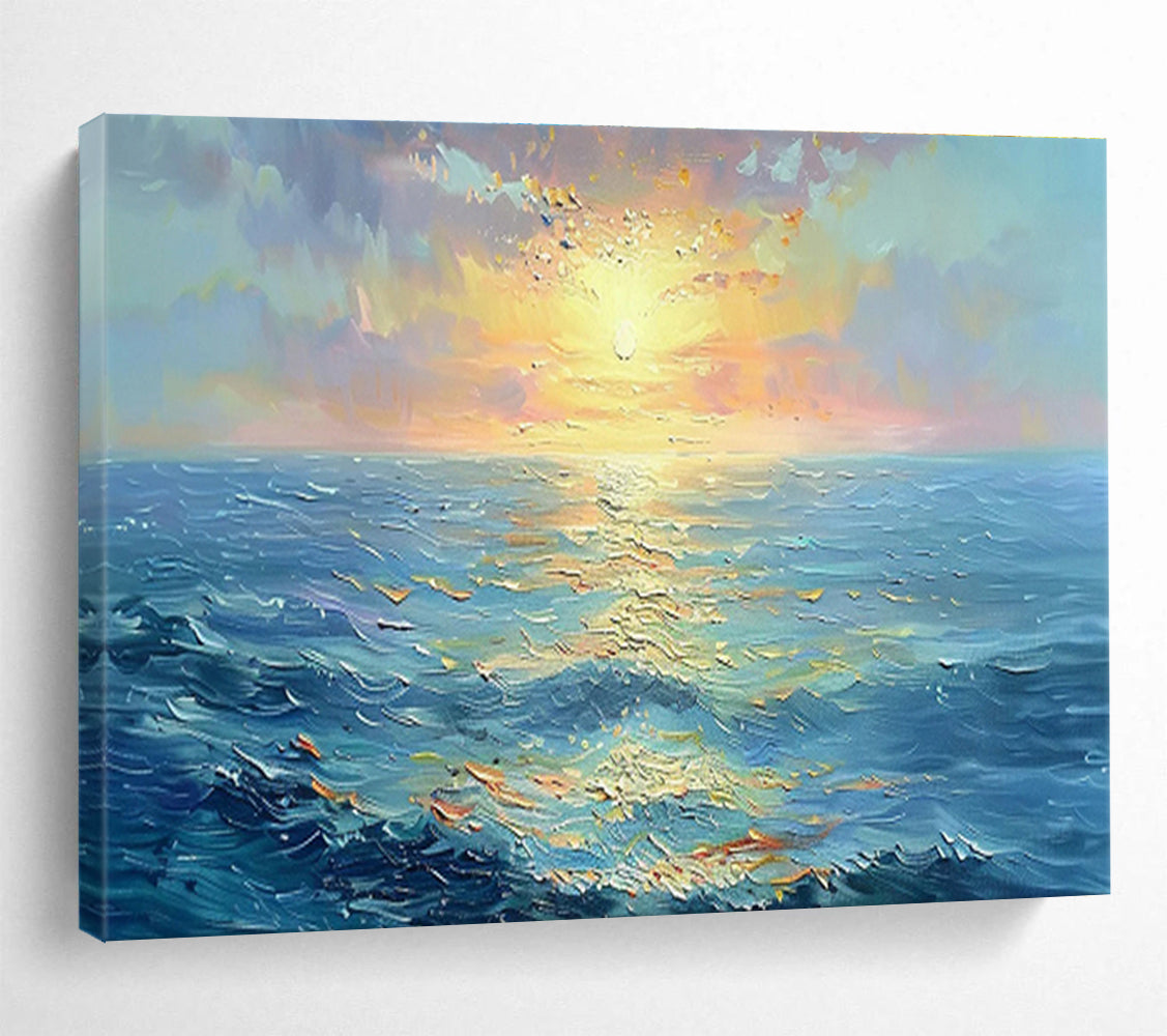“Vibrant Sunset Sea” - Blue, Orange & Yellow Landscape, Expressive Oil Painting On Canvas DKS760