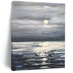 “Grey - Blue Moonlit Sea” - Impressionist Seascape Painting On Canvas PT1293
