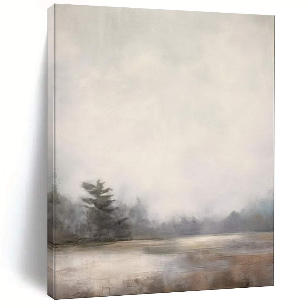 “Misty Lakeside Forest in Soft Neutrals” - Landscape Painting On Canvas PT2058