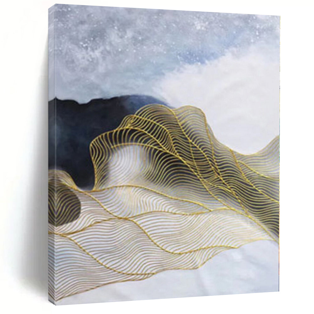 “Blue - White - Gold Wavy Lines Abstract” Painting On Canvas PS0382