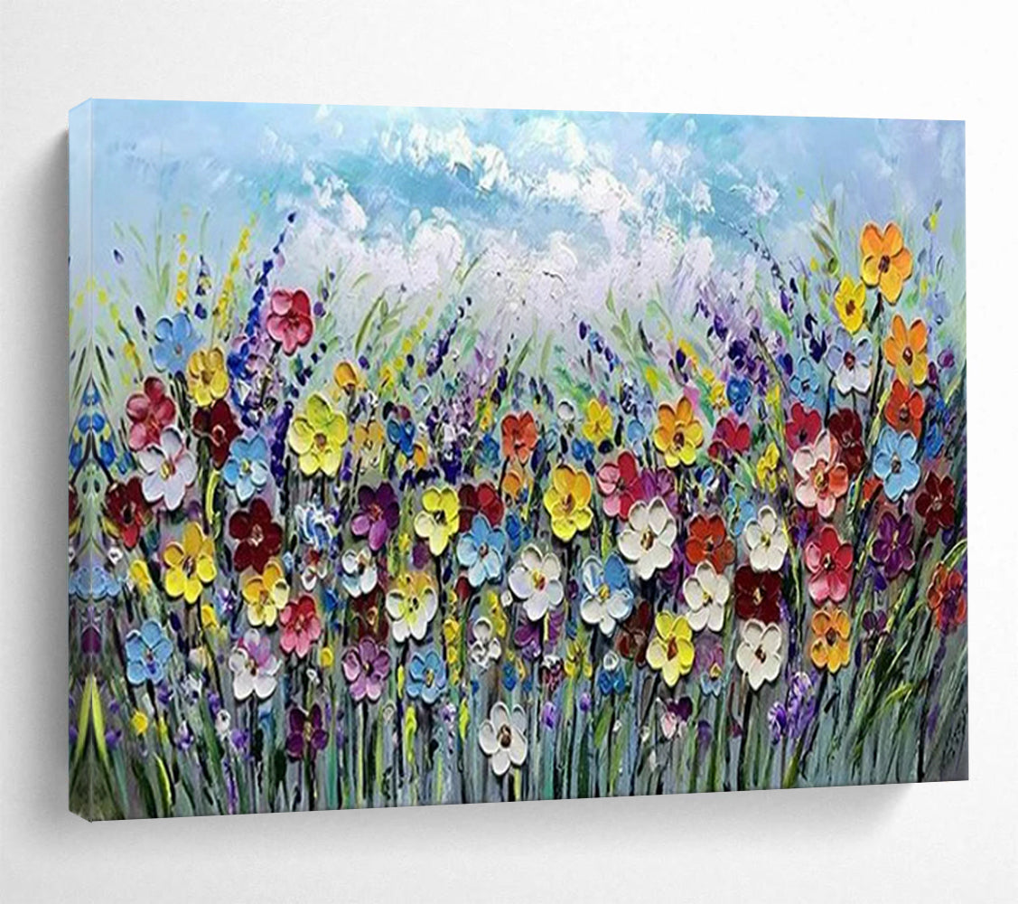 “Colorful Flower Field with Thick Textures” Impasto Floral Painting On Canvas PT1795