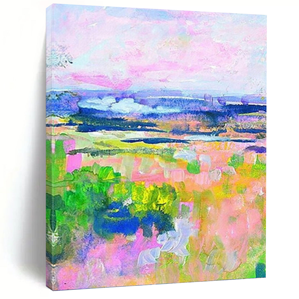 “Colorful Landscape: Pink, Green, and Blue Impressionistic Field” - Vibrant Impressionistic Painting On Canvas PT0934