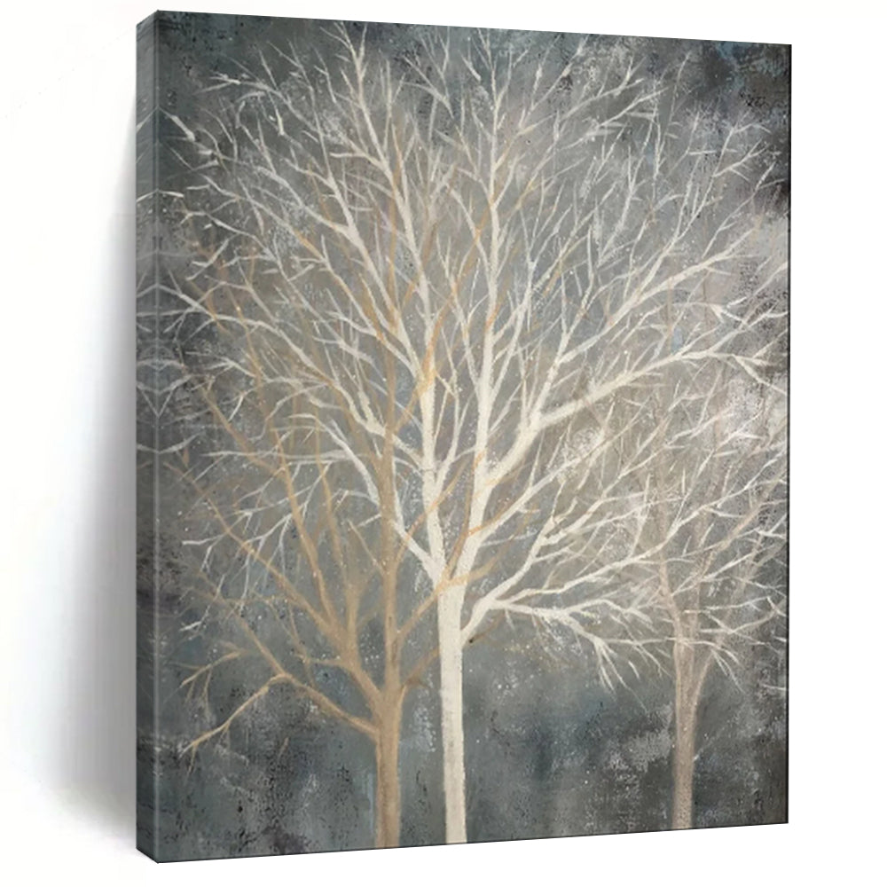 “Gray - Toned Bare Tree Silhouettes” - Abstract Winter Painting On Canvas PT1887