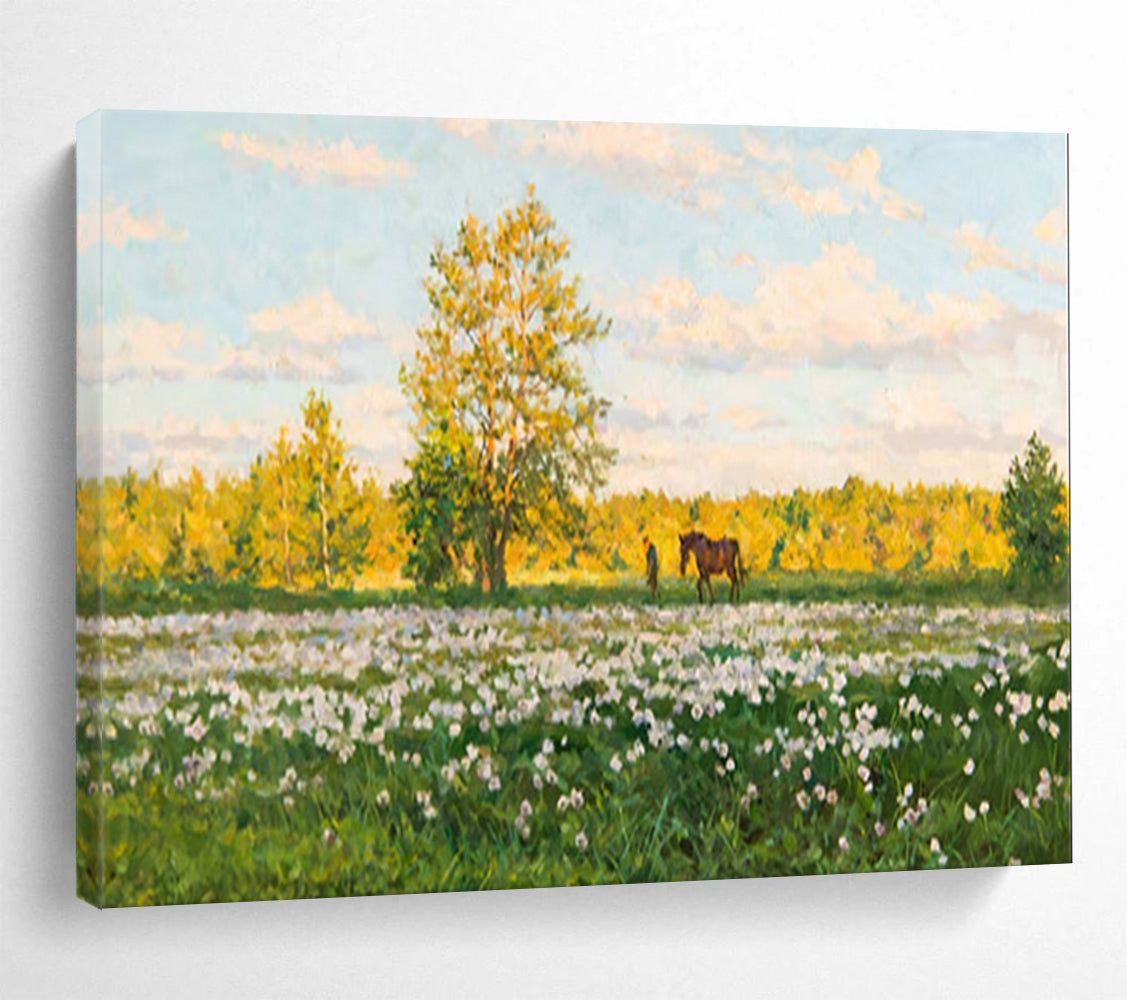 “Sunny Meadow with Horse” - Realistic Landscape Painting On Canvas PT216
