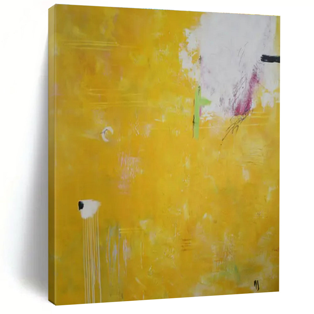 Bright Yellow, White, Green with Minimal Marks "Sunny Whispers" Abstract Painting On Canvas PS1407
