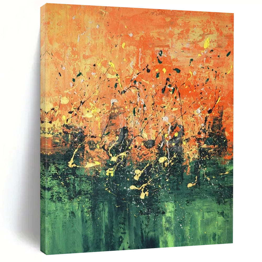 Orange - Green Splatter, "Sunset Garden" – Abstract Expressionist Painting On Canvas PS0926