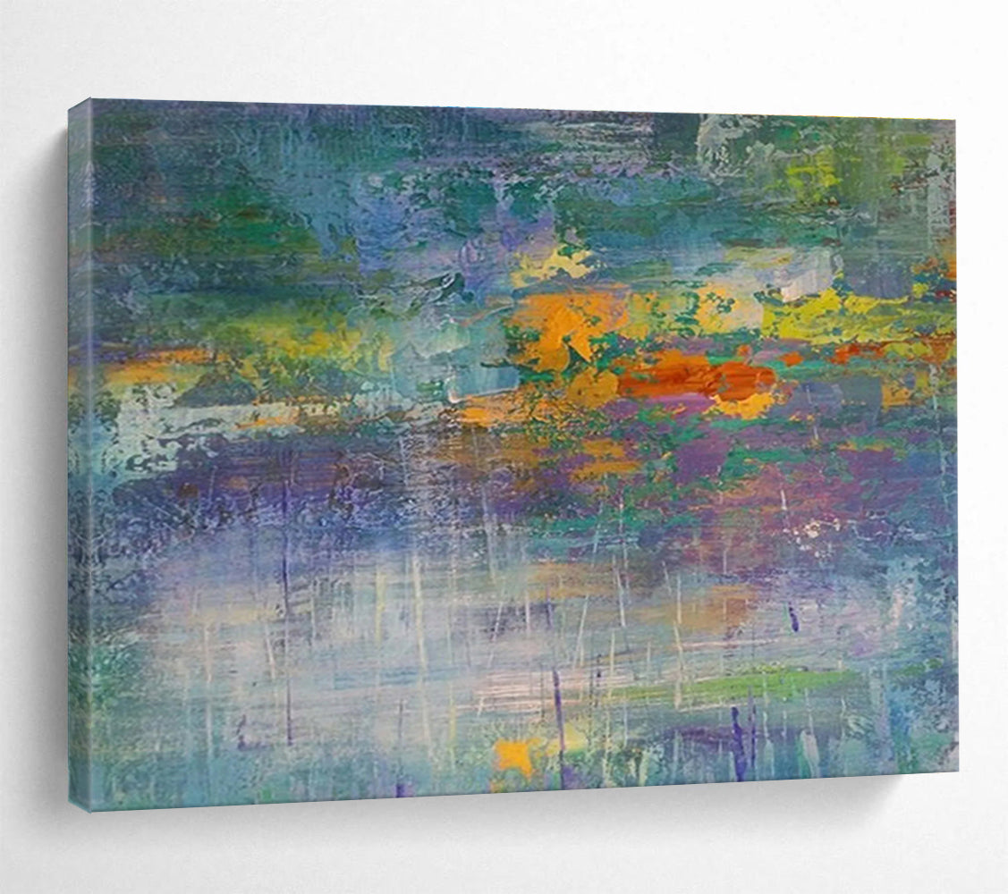 “Colorful Abstract Horizon” - Blue, Green & Orange Abstract Landscape, Expressive Oil Painting On Canvas DKS714