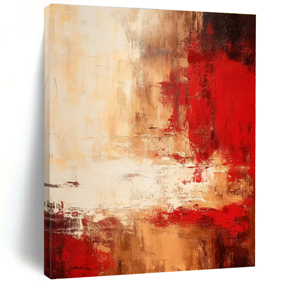 “Red - Beige Abstract Landscape” - Red, Beige Abstract Painting On Canvas PS0481