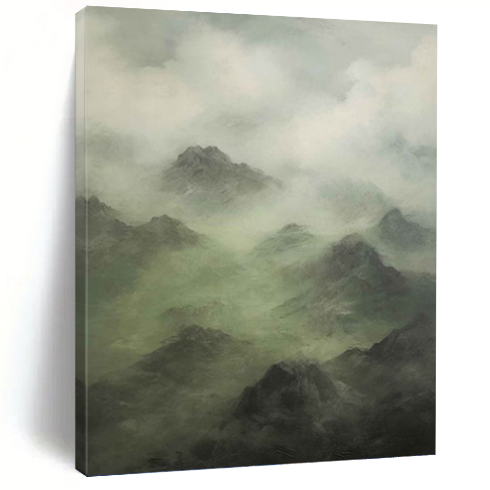 “Misty Mountain Greens” - Green, Gray, Atmospheric Landscape Painting On Canvas PT1480