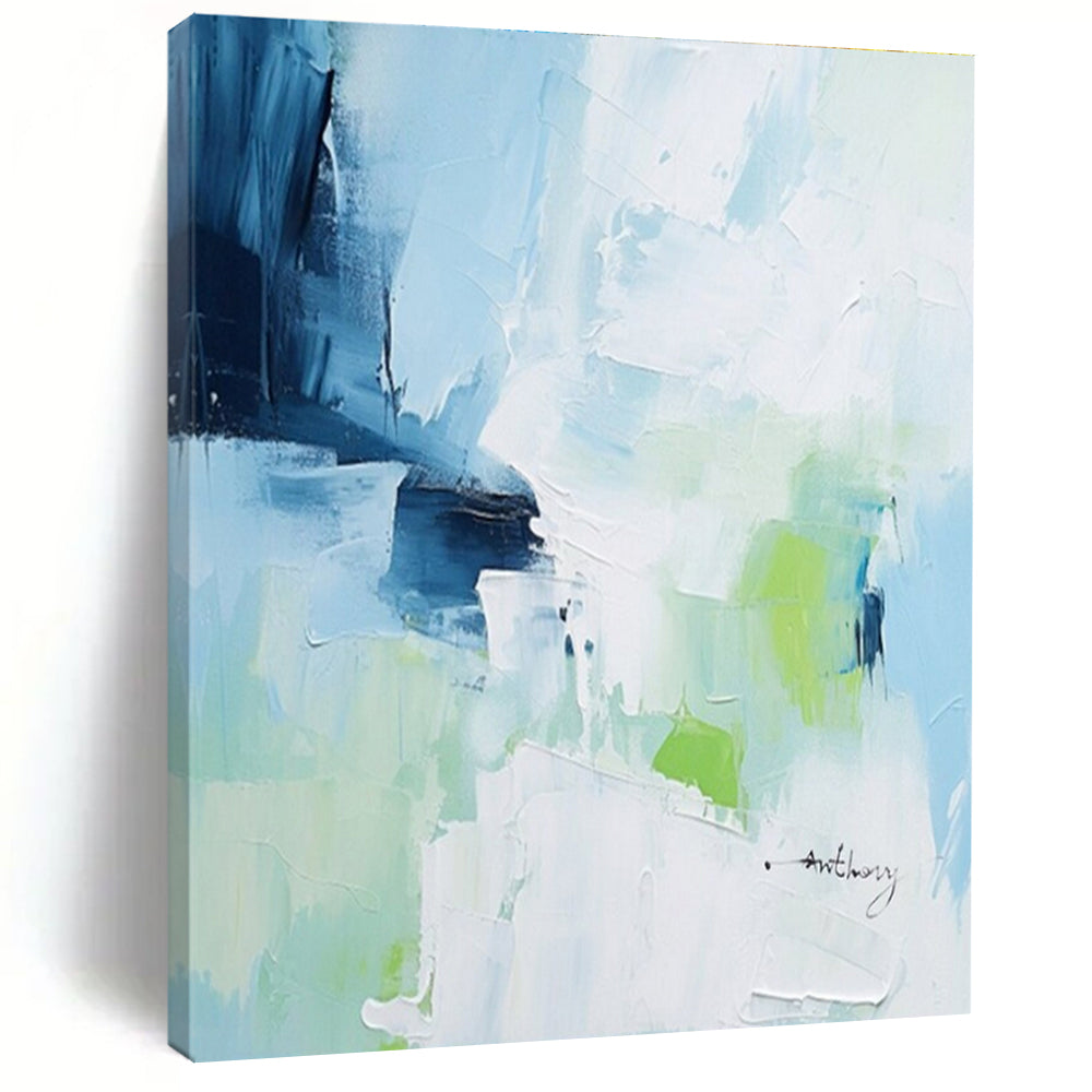 “Blue - Green Abstract Brushstrokes” - Blue, Green, White Abstract Expressionist Painting PS0769