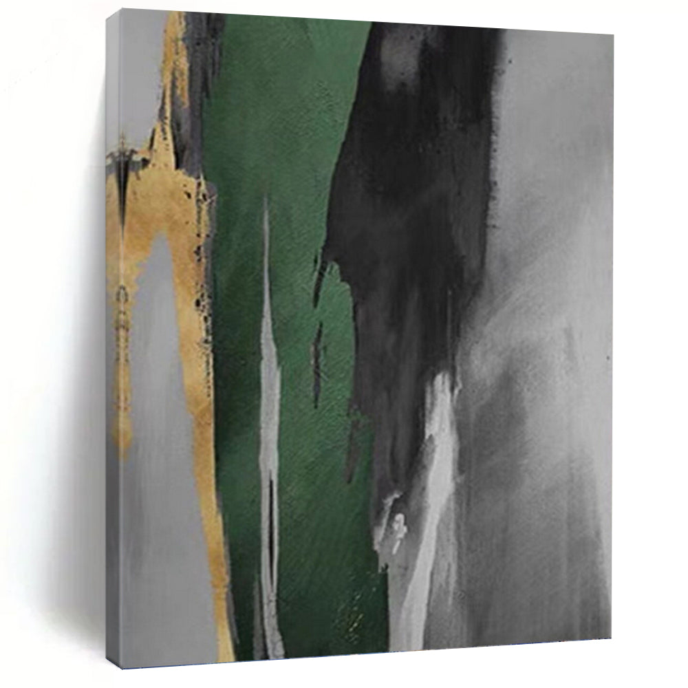 “Green, Black, Gold, and Grey: Abstract Vertical Forms” - Minimalist Abstract Painting On Canvas PT0932