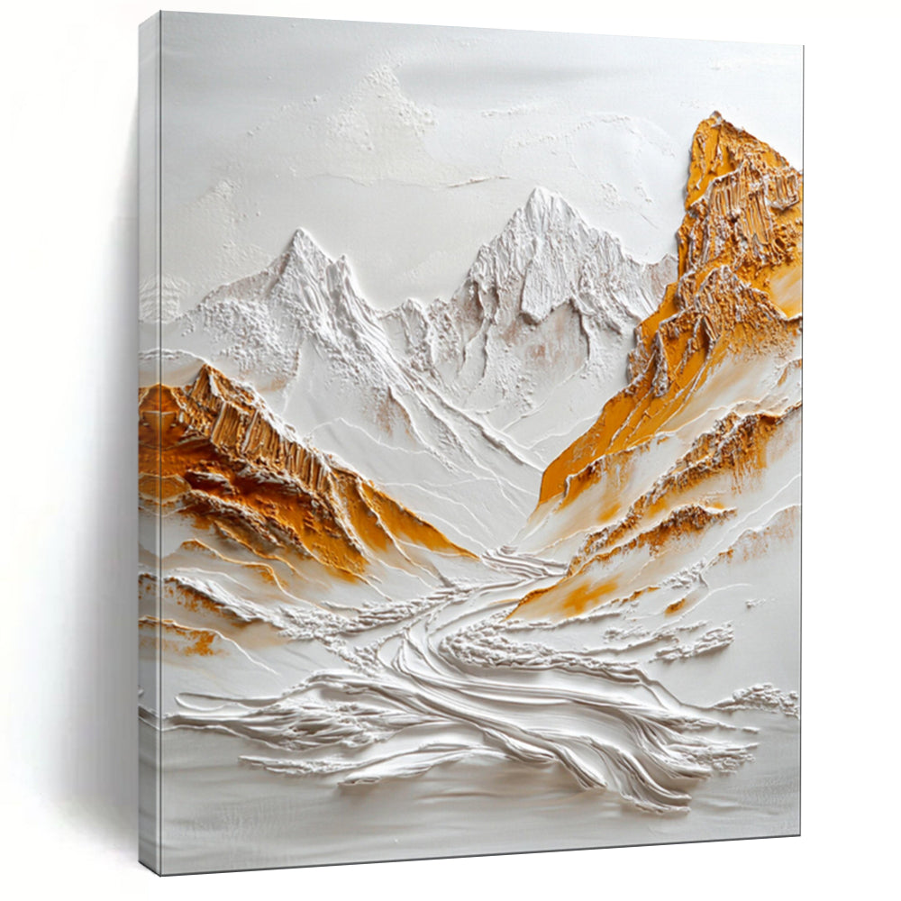 “White - Gold Textured Mountain Relief” - 3D Abstract Painting On Canvas PT2072
