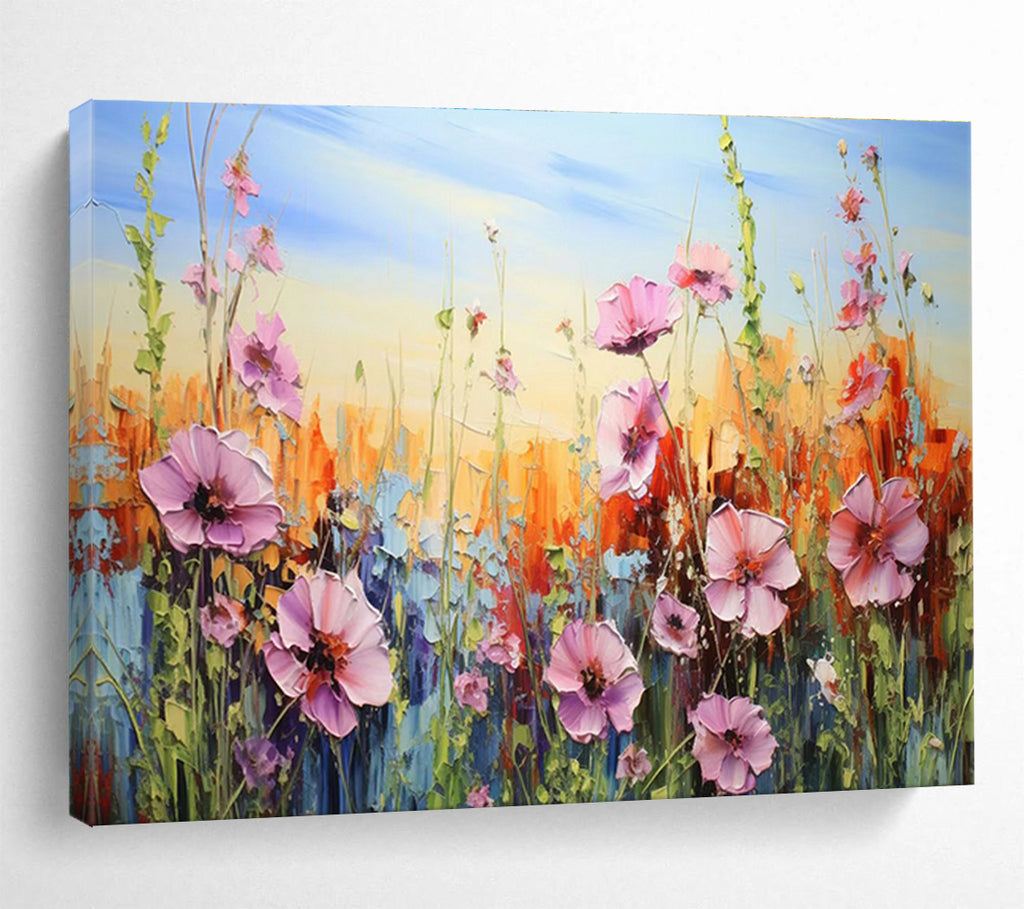 “Pink Wildflowers in Bloom” - Impasto Oil Painting on Canvas DKS903