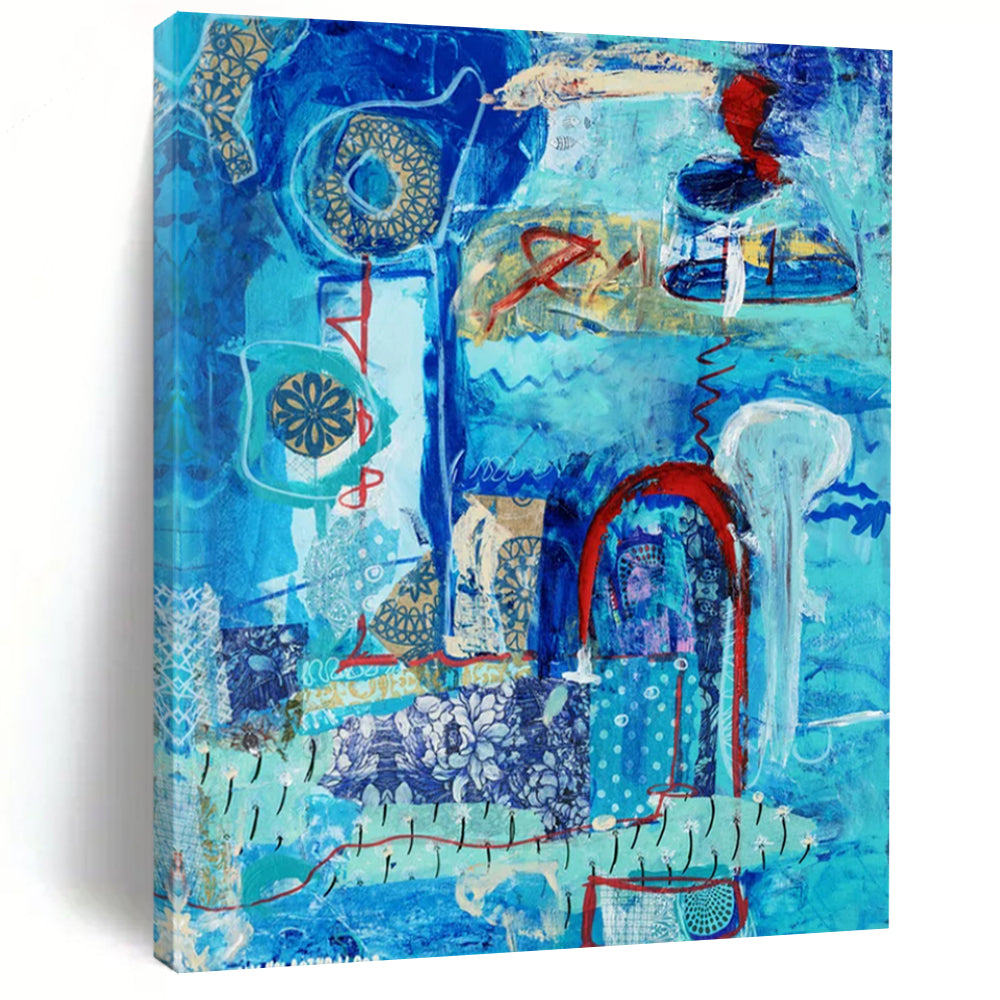 “Blue - Toned Abstract Collage” - Serene Mixed - Media Abstract Painting On Canvas DS296