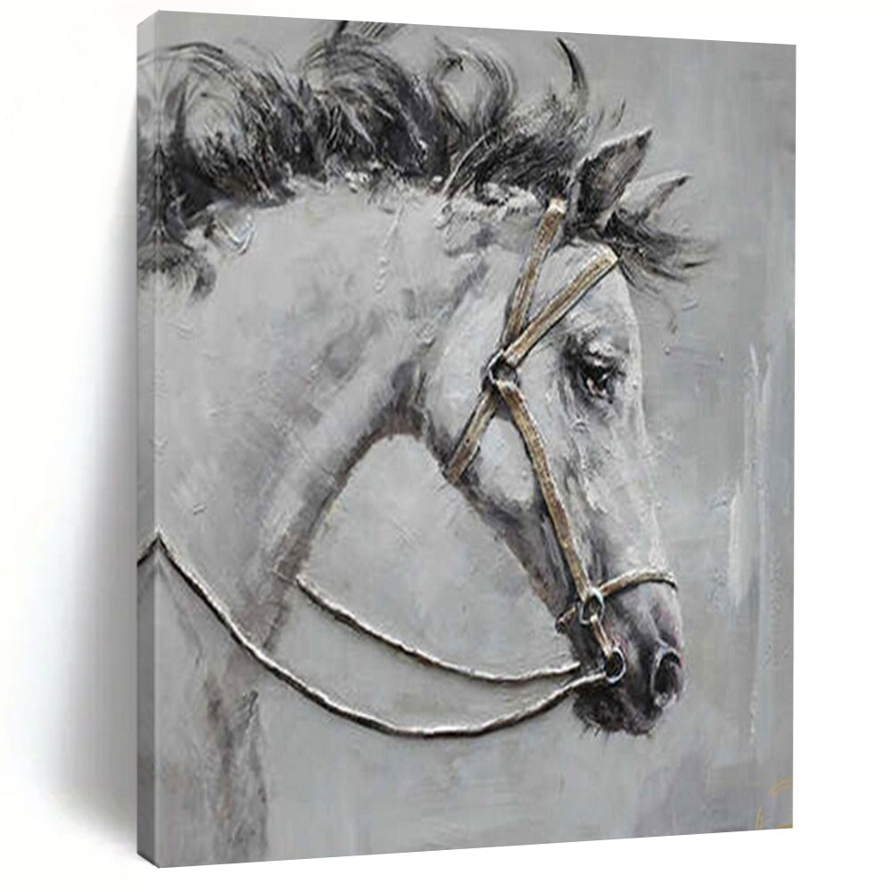 “Gray Horse with Bridle” - Textured Oil Painting On Canvas PT2179
