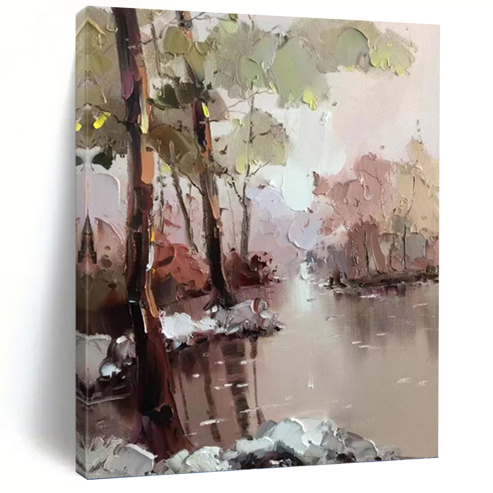 “Pastel - Toned River Forest” - Impressionist Landscape Painting On Canvas PT1296