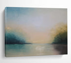 “Serene Landscape in Soft Blues, Greens & Neutrals” - Impressionistic Waterfront Painting On Canvas PT014