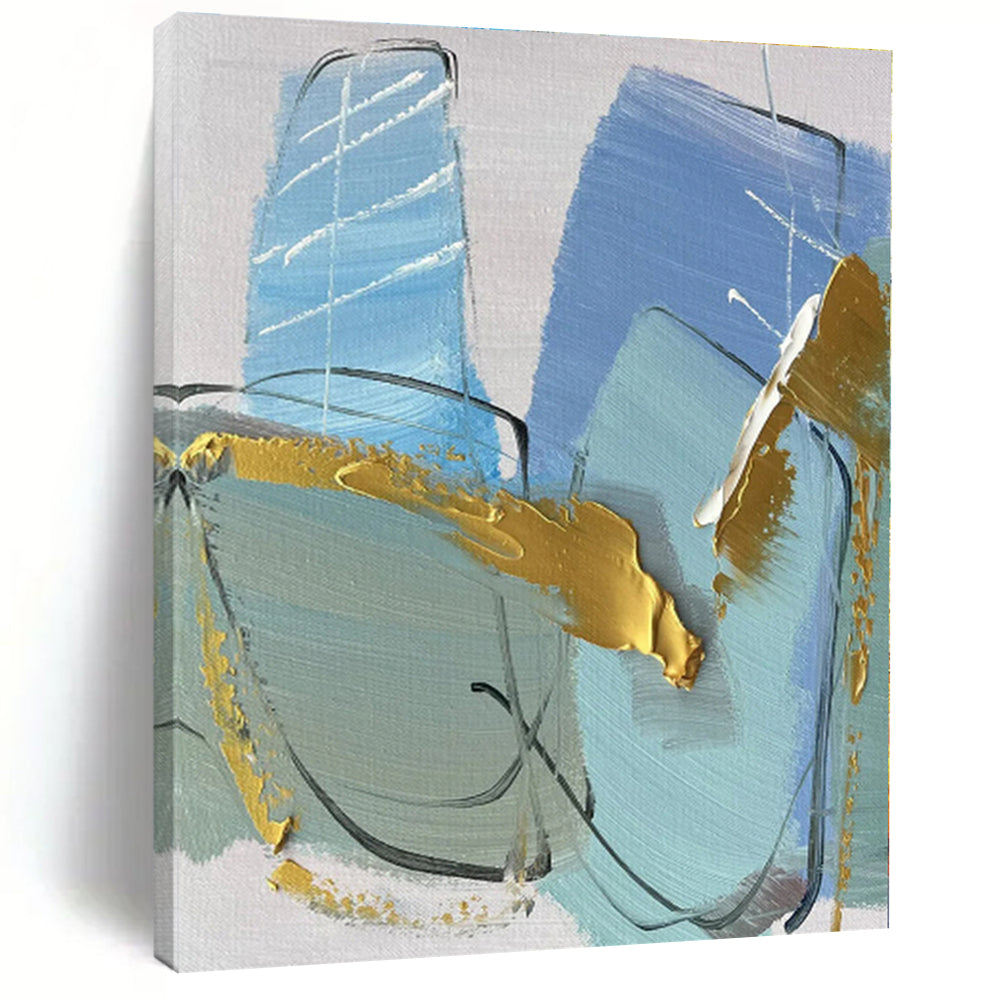 “Blue - Gold Geometric Flair” - Blue, Gold, Gray Abstract Painting On Canvas PS0499