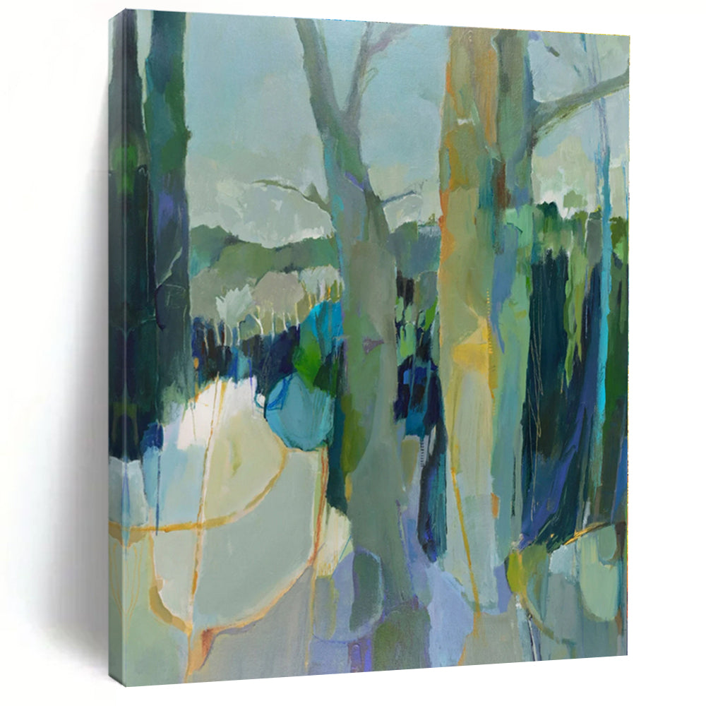 Green, Blue, Gray with Abstract Trees "Forest Reverie" Abstract Painting On Canvas PS1307