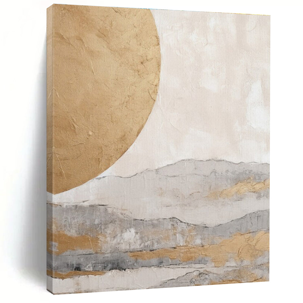 “Golden Sun & Misty Mountains” - Gold, Gray, Beige Abstract Landscape Painting On Canvas PS0745