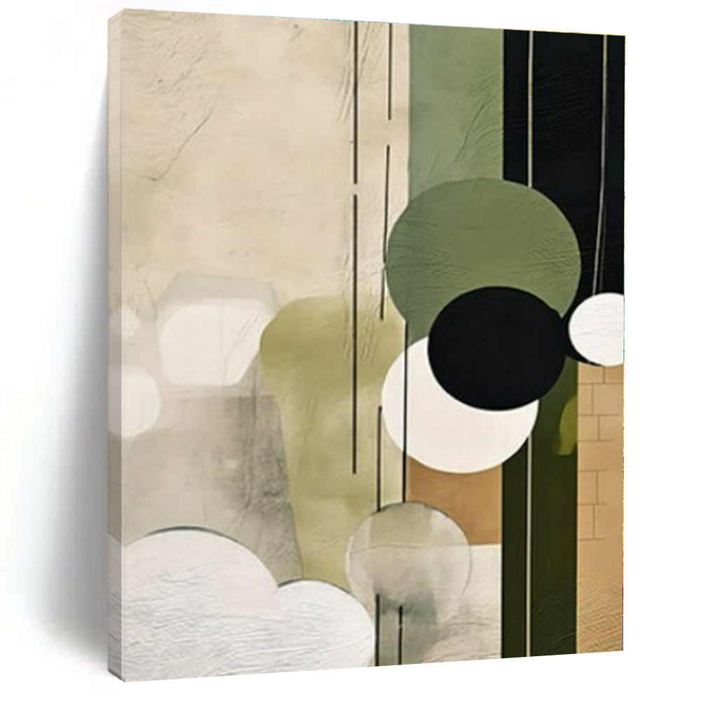 Green, Beige, Black with Circular Shapes "Circular Nature" Abstract Painting On Canvas PS1277