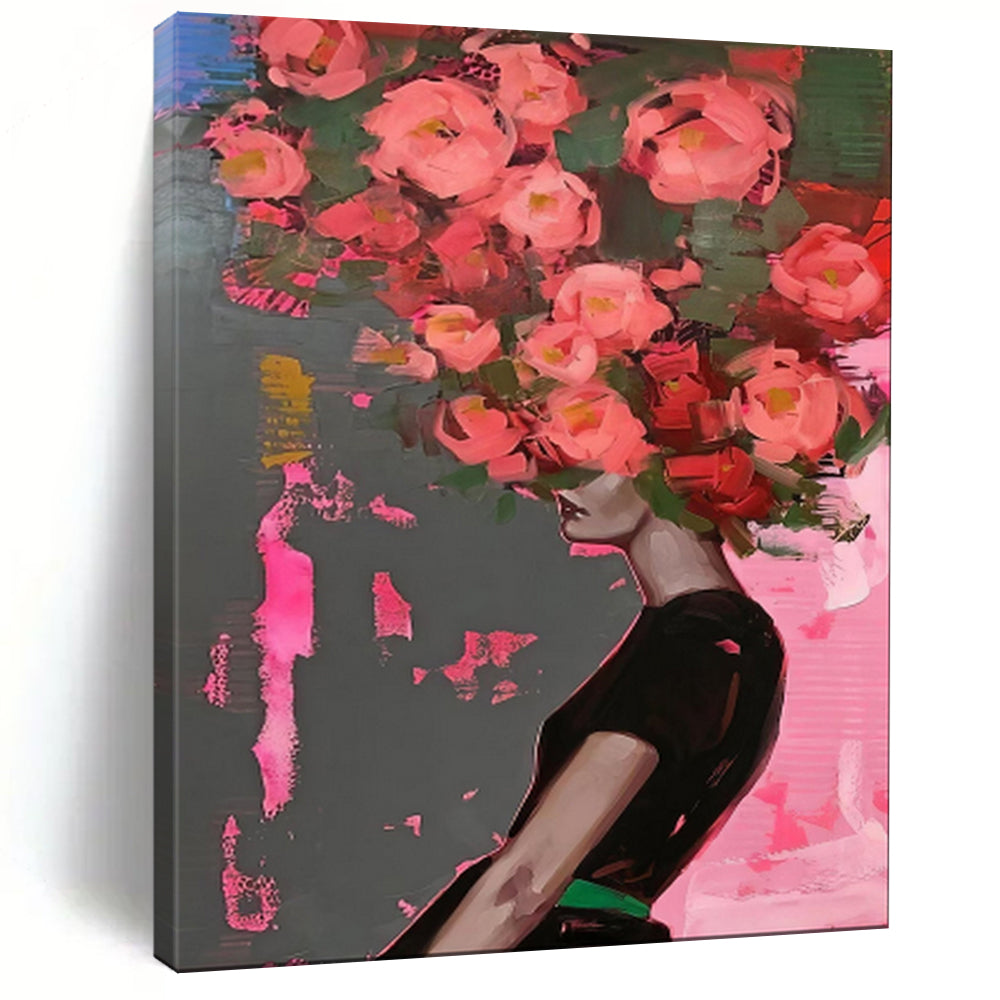 “Pink Flowers on Head Abstract Portrait” - Pop - Art Inspired Painting On Canvas PT1952